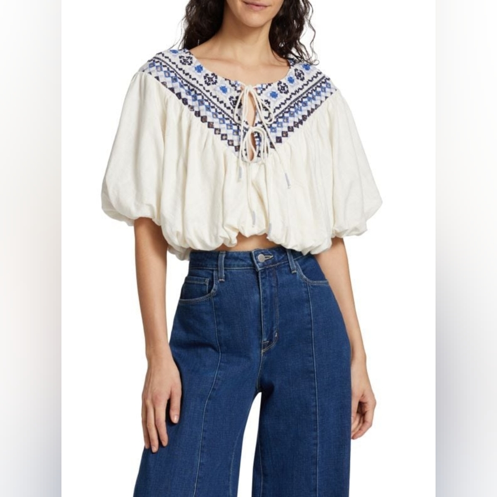 Free People White and Blue Embroidered Top